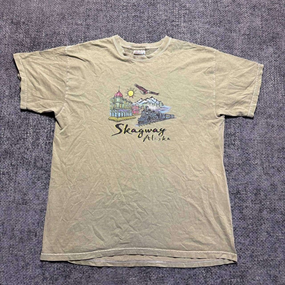 Hanes Skagway Alaska T-Shirt Womens Large Olive Green Vintage Graphic Tee